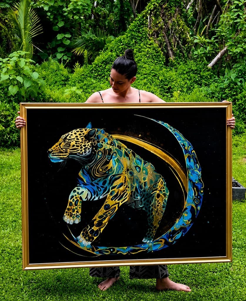 Cosmic Jaguar canvas painting with gold and blue leopard motif