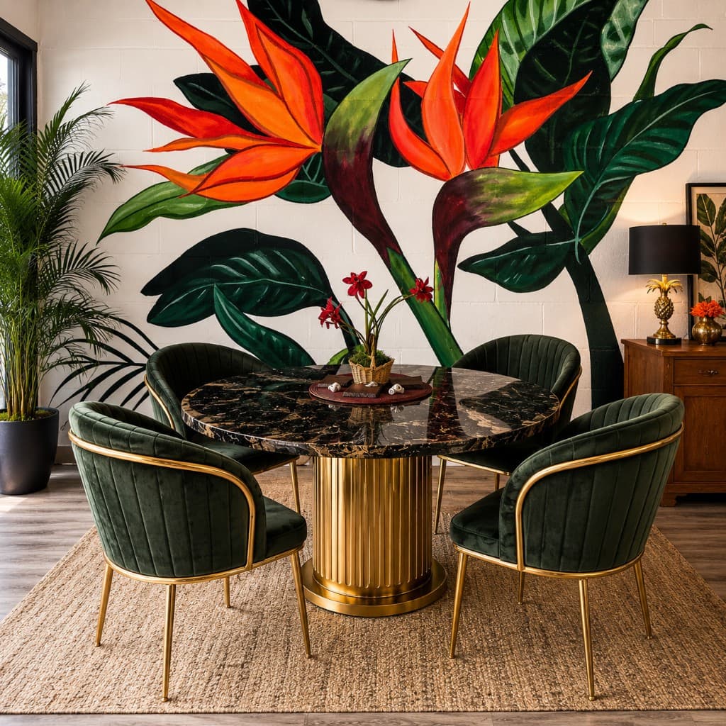 Dining room with bird of paradise mural and emerald seating