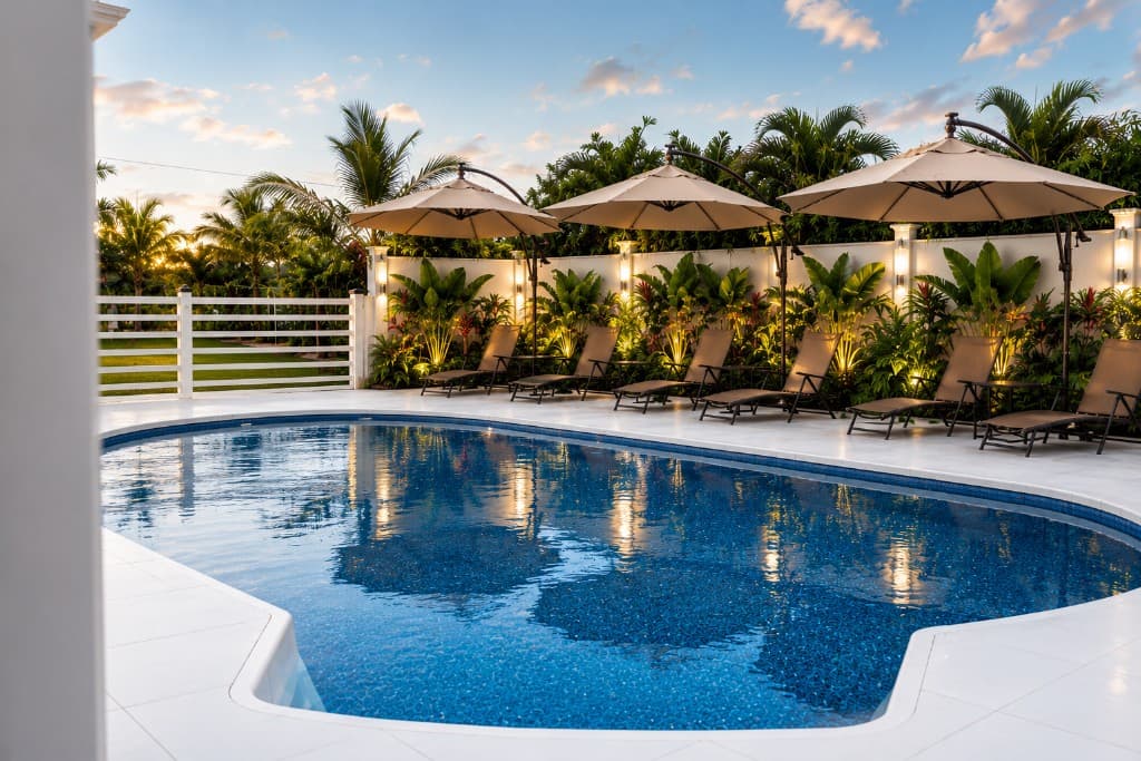 Tropical pool terrace with illuminated landscaping and shaded loungers