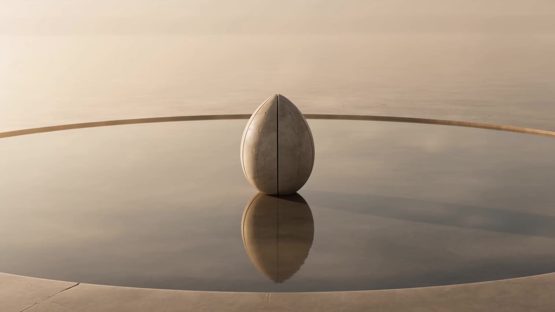 Stone egg sculpture reflected in a still pool at dawn