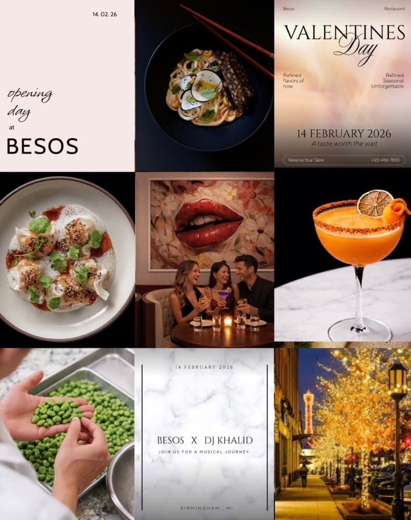 BESOS social media grid — food, events, and brand graphics