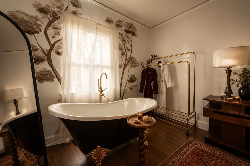 Clawfoot tub with tree mural