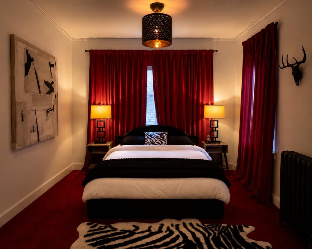 Burgundy bedroom with velvet drapes