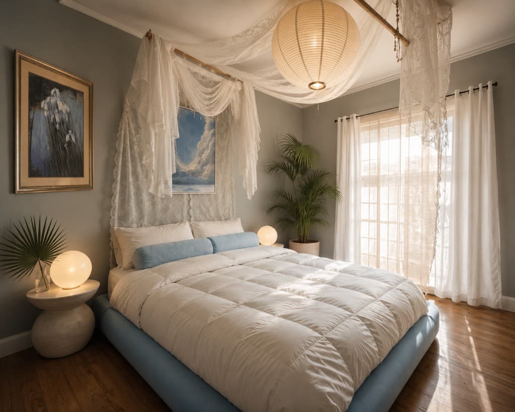 Coastal bedroom with lace canopy