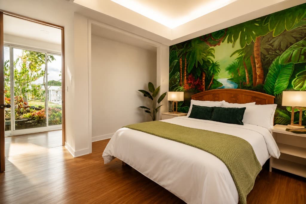 Bedroom with jungle mural and garden doors