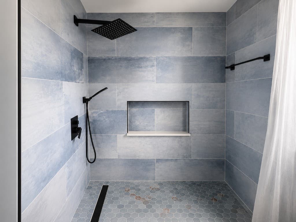Blue tile walk-in shower